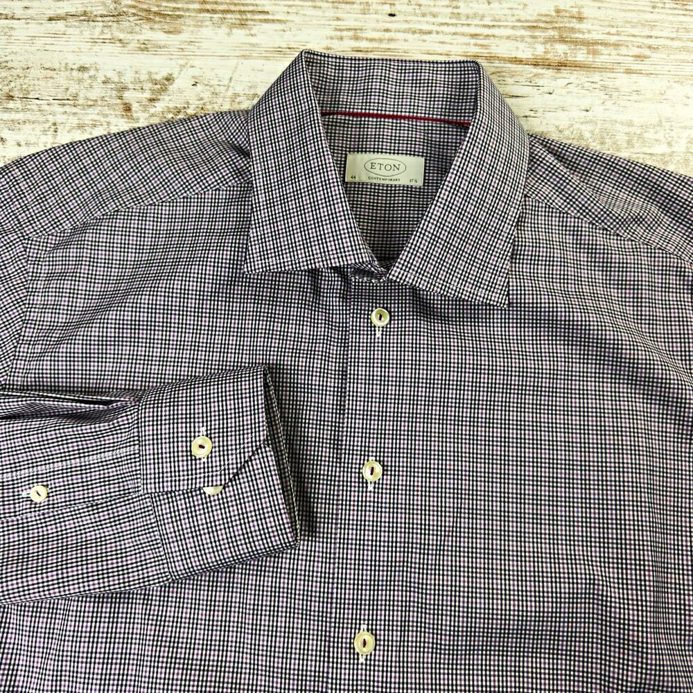 Eton Dress Shirt Mens 44 17.5 Contemporary Fit L/S Purple Navy Gingham Check EUC
